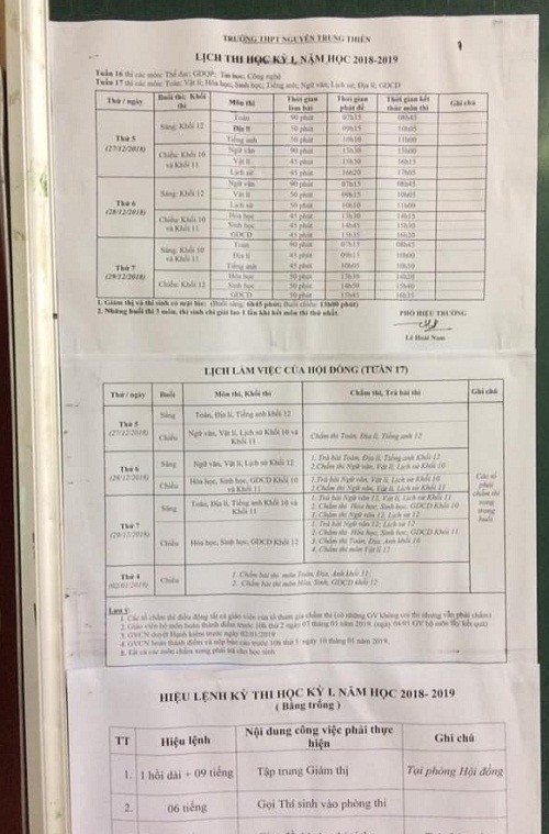 Lịch thi học kỳ Trường phổ thông trung học Nguyễn Trung Thiên.