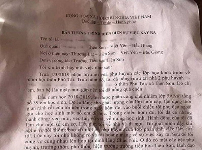 Bản tường trình về vụ việc của thầy giáo D.T.M có hành động véo tai, véo mũi, dí vai, sờ mông, sờ đùi một số học sinh lớp 5A, Trường tiểu học Tiên Sơn, Bắc Giang. (Ảnh: nld.com.vn)