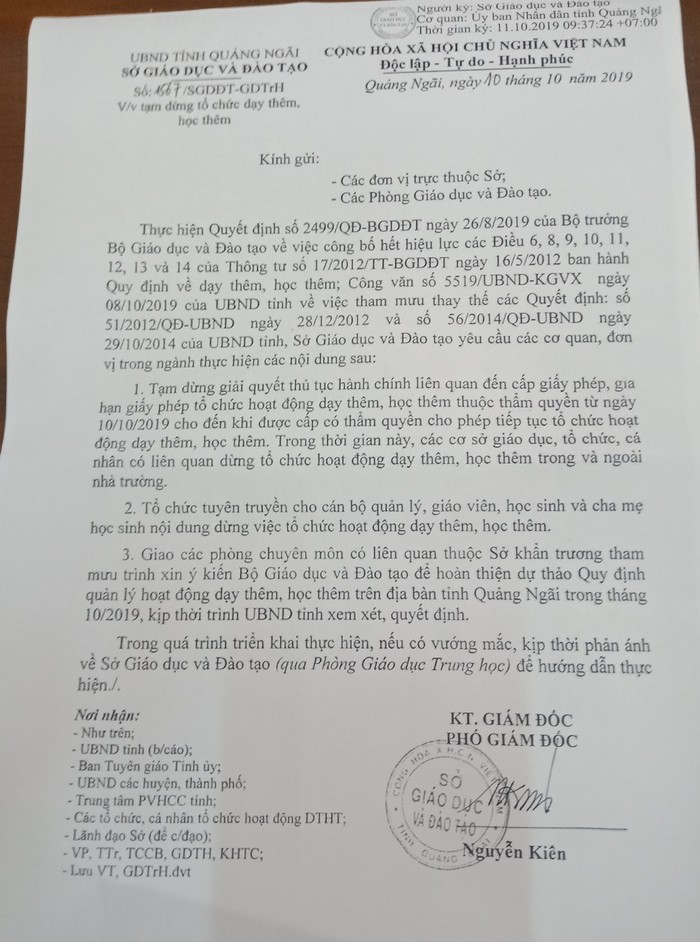 Sở Giáo dục và Đào tạo Quảng Ngãi tạm dừng tổ chức dạy thêm, học thêm (Ảnh: tác giả cung cấp).