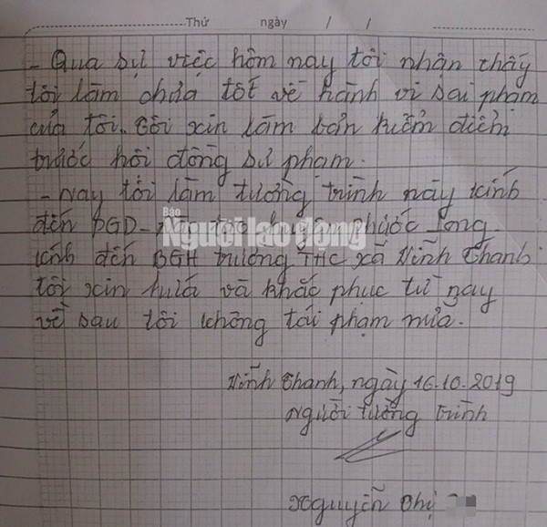 Bản tường trình của cô Nguyễn Thị T., về việc ném vở học sinh (Ảnh: Báo Người lao động).