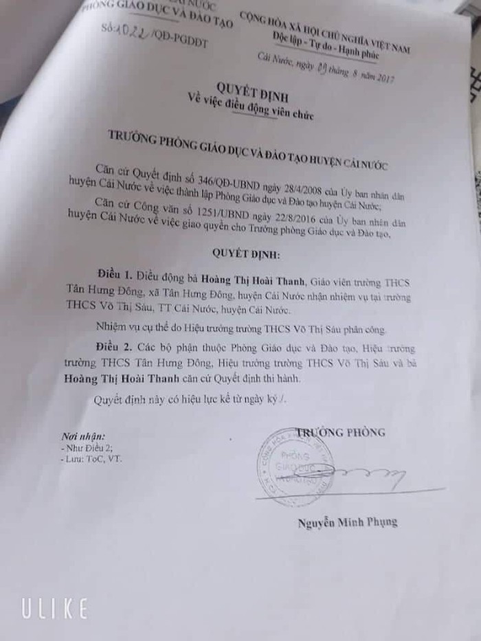 Quyết định số 1022/QĐ-PGDĐT để “điều động” cô Hoàng Thị Hoài Thanh nhận nhiệm vụ tại Trường trung học cơ sở Võ Thị Sáu.
