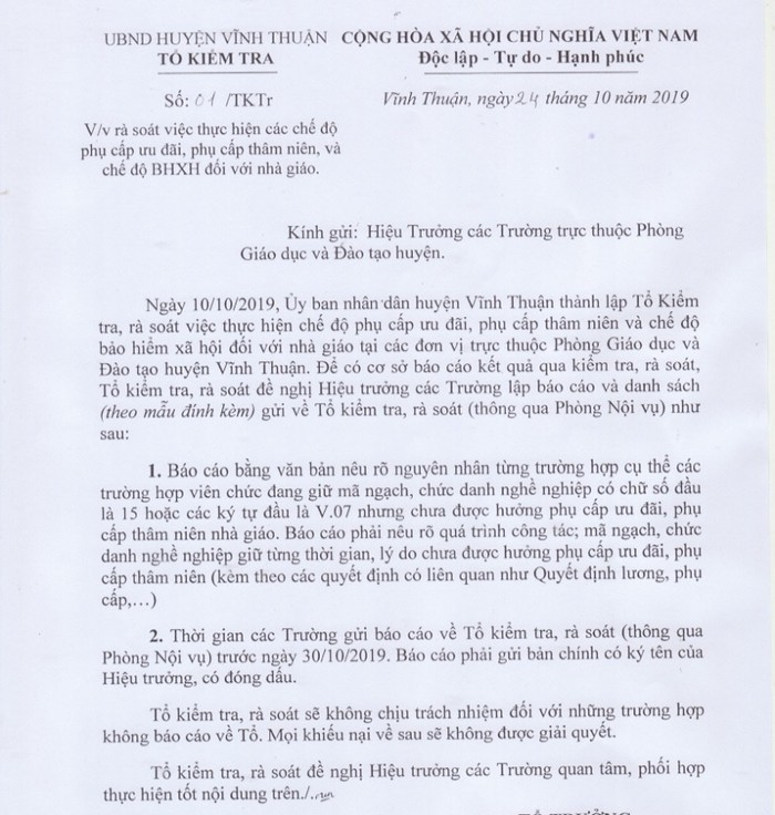 Ủy ban nhân dân huyện Vĩnh Thuận đã ban hành thông báo gửi hiệu trưởng các trường trực thuộc phòng giáo dục để rà soát lại việc thực hiện chế độ phụ cấp ưu đãi, phụ cấp thâm niên và chế độ bảo hiểm xã hội đối với nhà giáo.