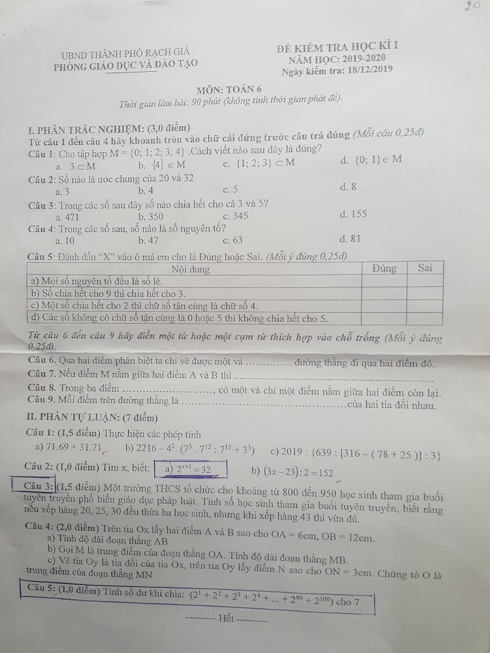 Đề kiểm tra Toán học kì I lớp 6 năm học 2019 - 2020 do Phòng Giáo dục và Đào tạo Rạch Giá ra.