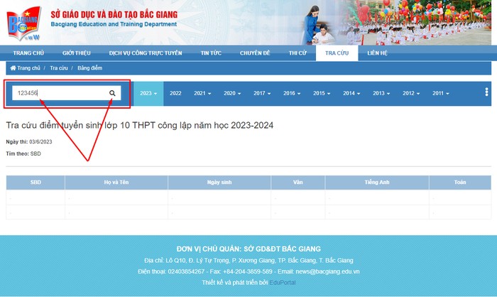 Bước 3: Sau khi chọn đúng kỳ thi cần tra cứu điểm. Thí sinh nhập chính xác số báo danh để tra cứu điểm