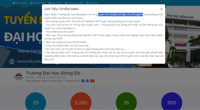 Ảnh chụp màn hình trên Cổng thông tin điện tử Trường Đại học Đông Đô.