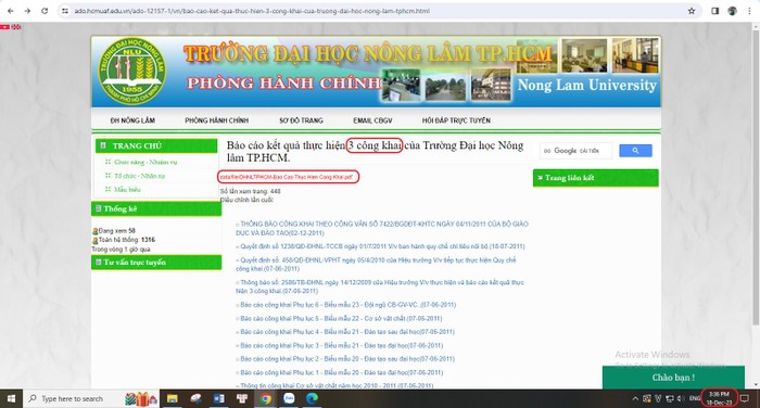 Trên trang thông tin điện tử của Trường Đại học Nông Lâm Thành phố Hồ Chí Minh có đường dẫn truy xem cập báo cáo ba công khai. Ảnh chụp màn hình ngày 18/12.