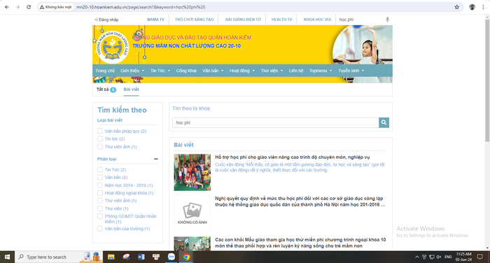 Ảnh chụp màn hình website Trường Mầm non chất lượng cao 20-10 (Hoàn Kiếm) theo từ khoá &quot;học phí&quot;. (Ảnh chụp màn hình ngày 3/6/2024)
