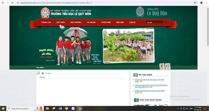 Tìm kiếm bằng từ khoá &quot;học phí&quot; trên website của Trường Tiểu học Lê Quý Đôn (Nam Từ Liêm) không cho ra kết quả nào. Ảnh chụp màn hình ngày 3/6/2024