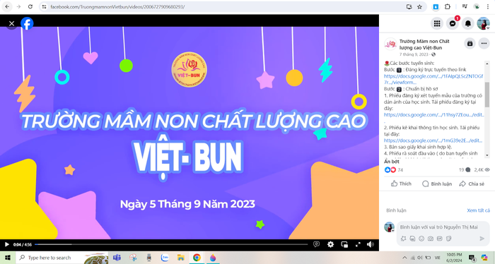 Ảnh chụp màn hình ngày 2/6/2024 trong bài viết thông báo tuyển sinh đăng vào ngày 7/9/2023 của Trường Mầm non Việt - Bun.