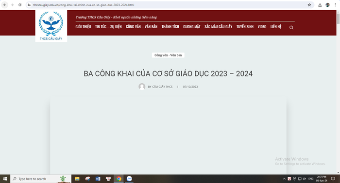 Ba công khai của cơ sở giáo dục 2023-2024 trên website của Trường Trung học cơ sở Cầu Giấy không hiển thị nội dung khi truy cập. (Ảnh chụp màn hình ngày 5/6/2024)