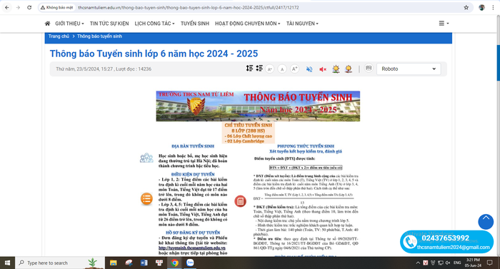 Thông báo tuyển sinh năm học 2024-2025 của Trường Trung học cơ sở Nam Từ Liêm không có thông tin dự kiến học phí. Ảnh chụp màn hình ngày 5/6/2024