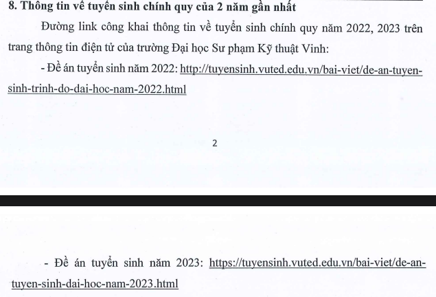 Đường link công khai thông tin về tuyển sinh chính quy năm 2022, 2023. (Ảnh chụp màn hình Đề án tuyển sinh năm 2024).