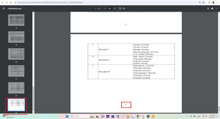 Đề án tuyển sinh năm 2024 Trường Đại học Đồng Nai kết thúc ở trang 23 và không có bảng thống kế về danh sách giảng viên mà Thông tư 08 quy định. (Ảnh chụp màn hình trong Đề án tuyển sinh năm 2024 của Trường Đại học Đồng Nai, ngày 24/7/2024)