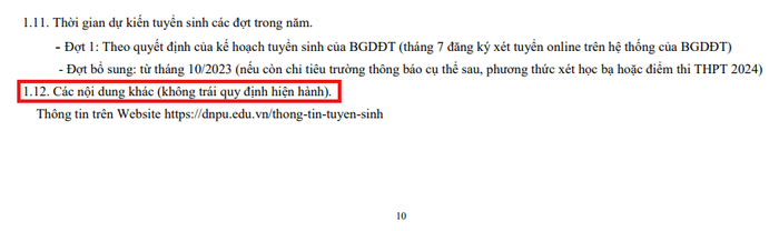 Mục 1.12, Phần II Đề án tuyển sinh năm 2024 của Trường Đại học Đồng Nai không có nội dung theo quy định tại mục 1.12, Phần II, Phụ lục III Thông tư số 08.