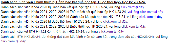 Các danh sách sinh viên chính thức bị cảnh báo kết quả học tập, buộc thôi học học đăng tải trên website của một trường đại học. (Ảnh chụp màn hình)