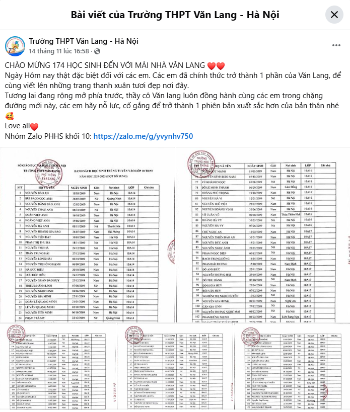 Ảnh chụp màn hình bài viết đăng tải trên Facebook của Trường Trung học phổ thông Tô Hiến Thành.