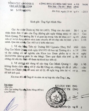 Công văn trả lời của Cục An ninh Chính trị nội bộ (A83) về việc Thứ trưởng Cao Minh Quang không phải là tiến sĩ. (Ảnh: Pháp luật TPHCM)