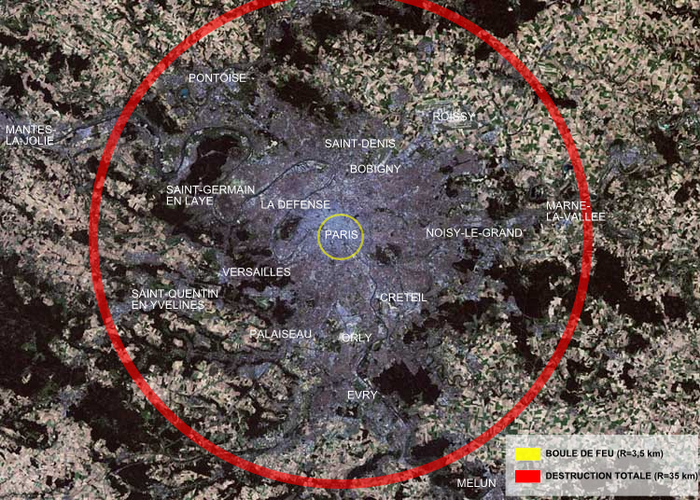 Vùng bị Tsar Bomba phá hoại hoàn toàn (ví dụ – phạm vi lớn hơn bản độ Paris): Vòng đỏ = Bị phá hủy hoàn toàn (bán kính 35 km), vòng vàng = quả cầu lửa (bán kính 3,5 km).
