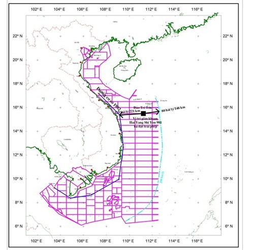 Bản đồ minh họa vị trí giàn khoan HD981 của Trung Quốc hạ đặt trái phép trong vùng đặc quyền kinh tế, thềm lục địa Việt Nam. (Nguồn: Tập đoàn Dầu khí Việt Nam).