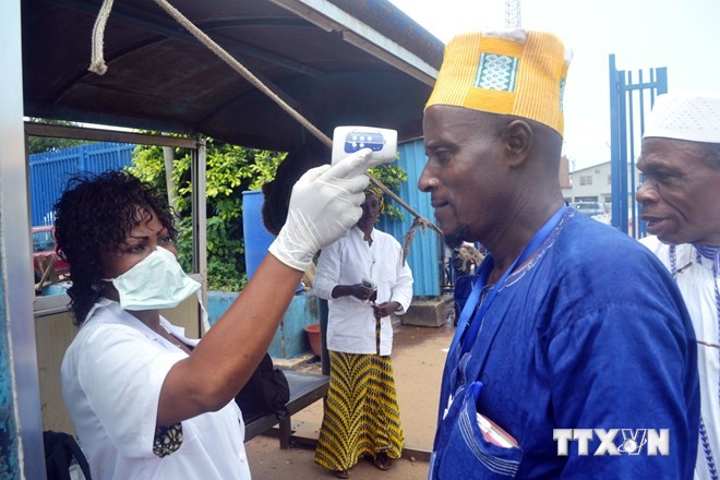 Nhân viên y tế kiểm tra thân nhiệt của hành khách tại một bến tàu ở Conakry, Guinea, nhằm ngăn chặn sự lây lan của virus Ebola. (Nguồn: AFP/TTXVN)