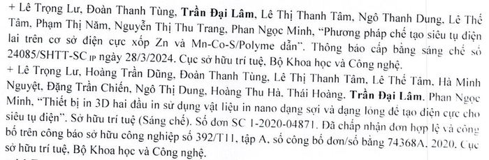 Danh mục một số công trình khoa học, bằng độc quyền sáng chế, giải pháp hữu ích trong 5 năm trở lại đây của Giáo sư Trần Đại Lâm (ảnh chụp màn hình bản kê khai của thầy Lâm)