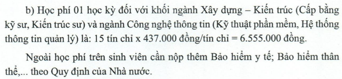 Ảnh: Học phí dự kiến 01 học kỳ đối với sinh viên ngành Kiến trúc theo đề án tuyển sinh năm 2024, Trường Đại học Xây dựng Miền Tây.