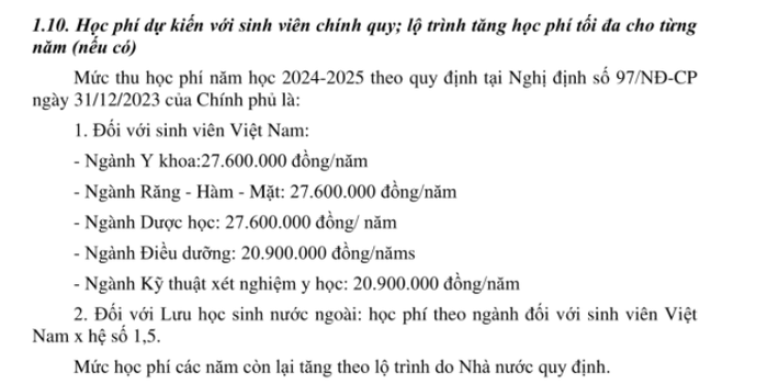 Học phí Trường Y dược, Đại học Đà Nẵng. Ảnh: chụp màn hình Đề án tuyển sinh năm 2024.