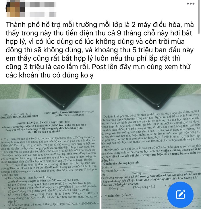 Phiếu lấy ý kiến cha mẹ học sinh về đề xuất lắp máy điều hòa của Trường Tiểu học Đoàn Thị Điểm. Ảnh chụp màn hình.