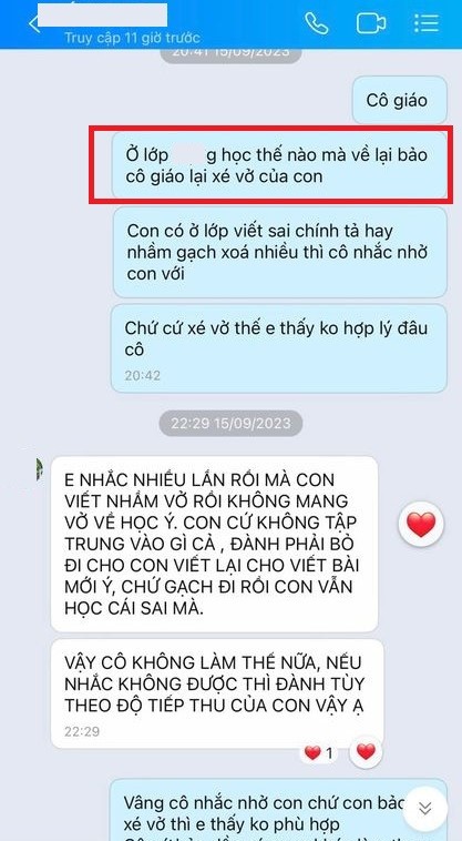 Phụ huynh phản ánh cô giáo chủ nhiệm xé vở của con. Ảnh chụp màn hình.