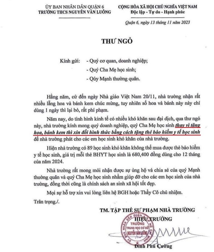 Hiệu trưởng Trường Trung học cơ sở Nguyễn Văn Luông viết thư ngỏ &quot;đổi quà&quot; 20/11 bằng thẻ bảo hiểm y tế cho học sinh. Ảnh chụp màn hình.