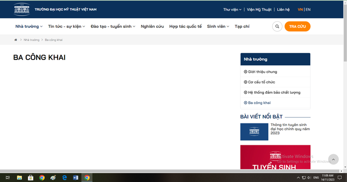 Khi truy cập vào website Trường Đại học Mỹ thuật Việt Nam, phần danh mục Ba công khai trống nội dung hiển thị. Ảnh chụp màn hình ngày 14/11/2023.