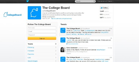 @CollegeBoard: College Board là nhà xuất bản của kỳ kiểm tra chuẩn hóa SAT, trên Twitter và tại trang web mới của mình tổ chức này cung cấp dịch vụ tư vấn đại học, trả lời các câu hỏi của sinh viên, cũng như những câu chuyện trải nghiệm thực tế từ những sinh viên trên khắp thế giới.