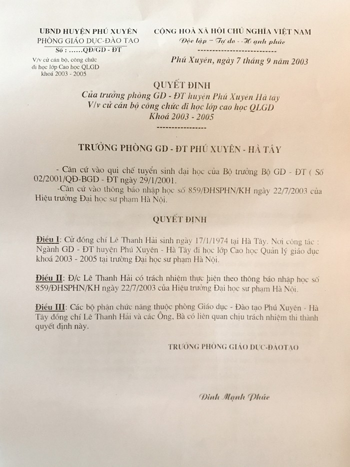 Quyết định của ông Đinh Mạnh Phúc, Trưởng phòng Giáo dục huyện Phú Xuyên cử ông Lê Thanh Hải đi học.