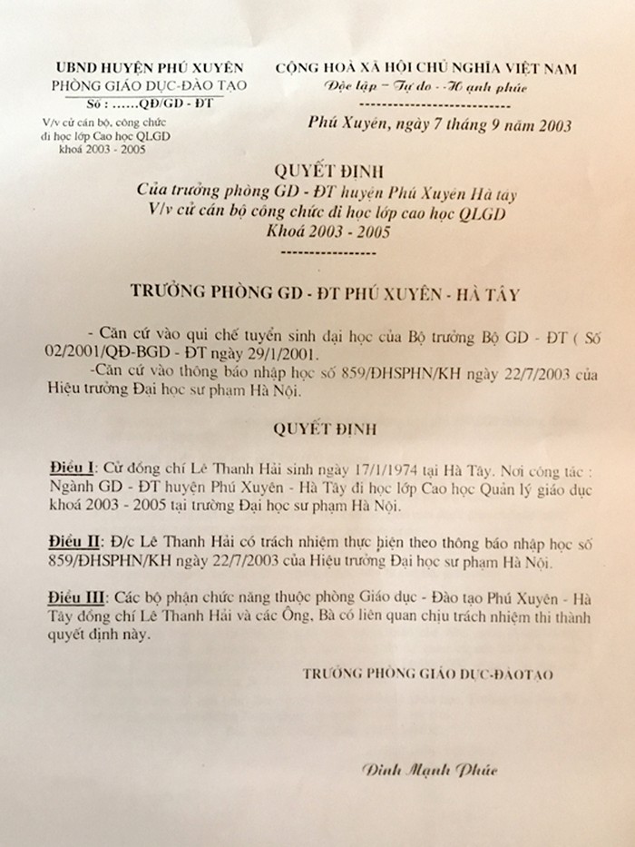 Quyết định của ông Đinh Mạnh Phúc, Trưởng phòng Giáo dục huyện Phú Xuyên cử ông Lê Thanh Hải đi học.