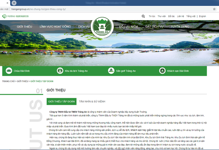 Ảnh chụp trang Web của Công ty trách nhiệm hữu hạn Đầu tư thương mại dịch vụ Tràng An.