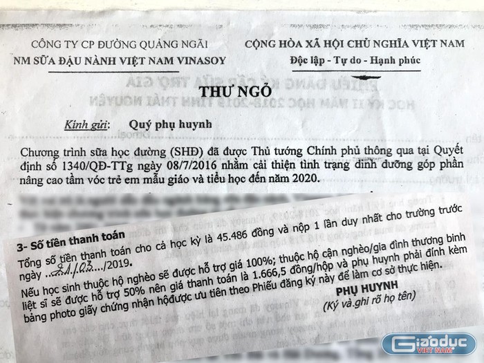 Thư ngỏ mời các phụ huynh mua sữa, có những lời mở đầu dễ gây nhầm lẫn với Quyết định của Thủ tướng chính phủ: Ảnh: Tùng Dương.