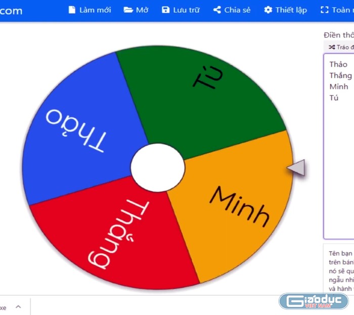 Muốn khuyến khích học sinh tham gia vào các hoạt động học tập thì có thể lựa chọn các ứng dụng Wheelofnames.com (chọn tên ngẫu nhiên). Ảnh: Tùng Dương.