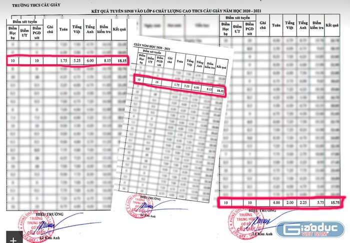 Điểm trong học bạ 10/10 nhưng điểm bài thi dưới mức trung bình. Ảnh chụp trang web của Trường Trung học cơ sở Cầu Giấy, Hà Nội.