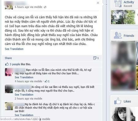 Lời xin lỗi của nữ sinh trên trang facebook cá nhân (Ảnh chụp lại từ màn hình)