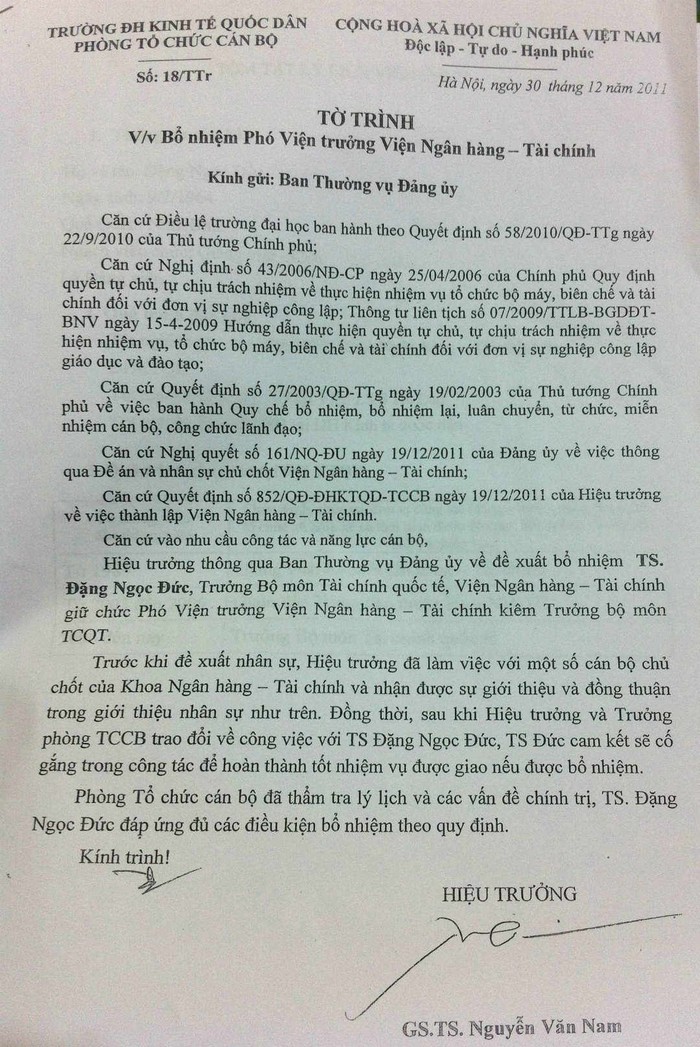 Tờ trình ghi rõ đã nhận được sự đồng thuận của cán bộ chủ chốt khoa Ngân hàng - Tài chính, nhưng những lãnh đạo khoa thời kỳ đó phủ nhận thông tin này.