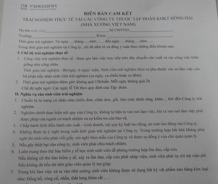 Nhiều sinh viên Trường CĐ Phát thanh truyền hình 1 bị đưa đi làm công nhân tại nhà máy Foxconn (Công ty Hồng Hải, Đài Loan) ở Quế Võ, Bắc Ninh, núp dưới vỏ bọc &quot;trải nghiệm thực tế&quot;.