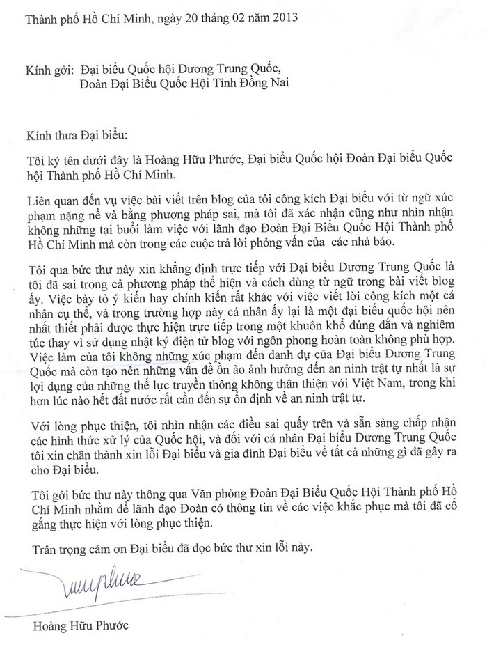 Báo Điện tử Giáo dục Việt Nam lần đầu tiên công bố bức thư ông Hoàng Hữu Phước xin lỗi Đại biểu Dương Trung Quốc.