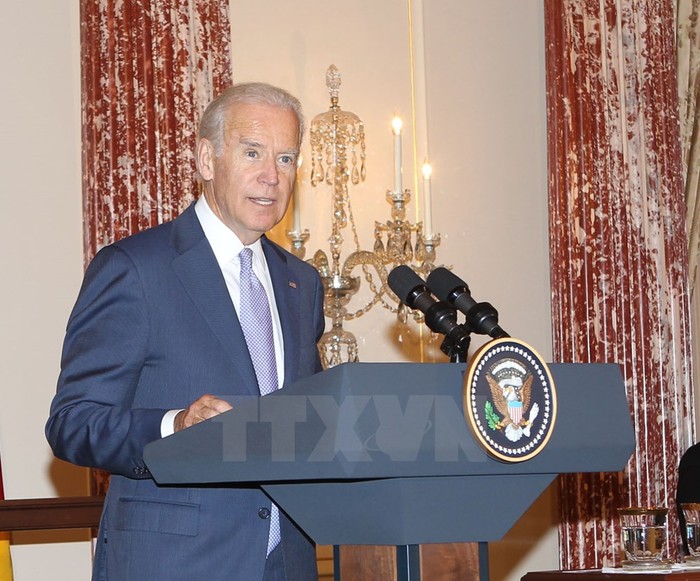 Phó Tổng thống Hoa Kỳ Joe Biden phát biểu chào mừng Tổng Bí thư Nguyễn Phú Trọng. (Ảnh: Trí Dũng/TTXVN)