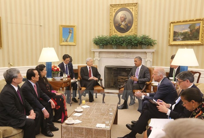 Tổng Bí thư Nguyễn Phú Trọng và Tổng thống Obama cùng bày tỏ tin tưởng, lạc quan về triển vọng của quan hệ Việt Nam-Hoa Kỳ trong thời gian tới. ảnh: Trí Dũng/TTXVN.