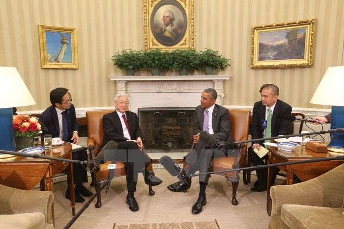 Tổng Bí thư Nguyễn Phú Trọng và Tổng thống Hoa Kỳ Barack Obama gặp gỡ báo chí, công bố toàn văn Tuyên bố về tầm nhìn chung Việt Nam - Hoa Kỳ. ảnh: Trí Dũng/TTXVN.