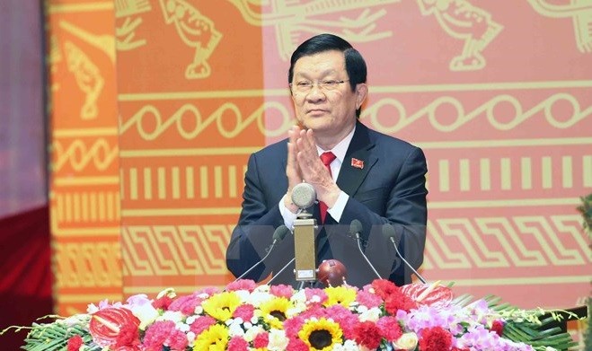Chủ tịch nước Trương Tấn Sang đọc diễn văn khai mạc Đại hội Đảng toàn quốc lần thứ XII. ảnh: TTXVN.
