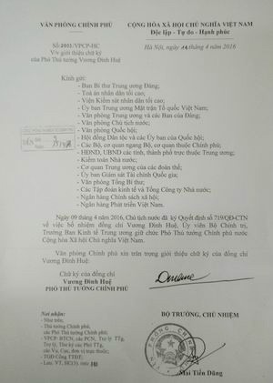 Giới thiệu chữ ký của Phó Thủ tướng Vương Đình Huệ.