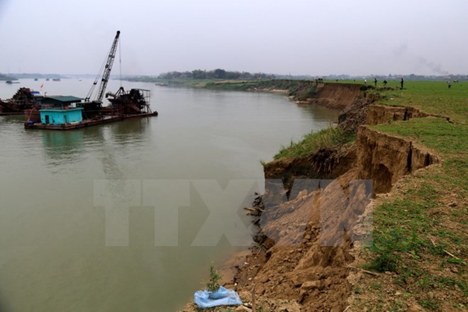 Các tàu khai thác cát của Công ty Cổ phần Phát triển Đầu tư Thái Sơn khai thác cát làm sạt lở đất của người dân xã Tử Đà. (Ảnh: TTXVN)