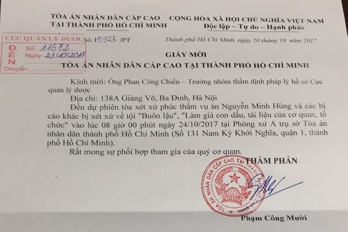 Giấy mời tham dự phiên tòa gửi tới ông Phan Công Chiến.