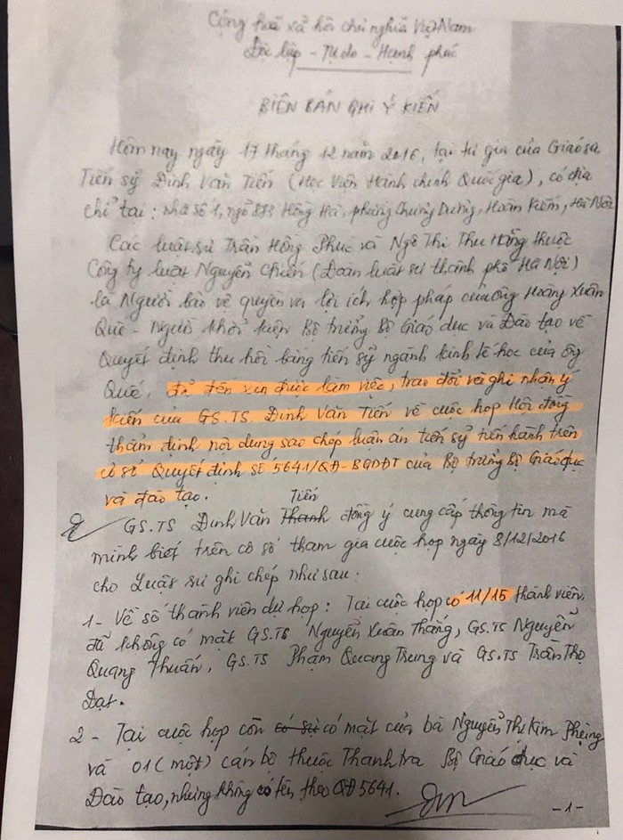 Biên bản làm việc của Giáo sư-Tiến sĩ Đinh Văn Tiến với các luật sư. Từ đây có thể thấy được sự gian dối của một số cán bộ trong ngành giáo dục.